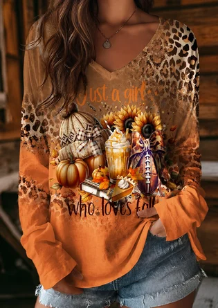 Floral Long Sleeve Tee T shirt V Neck Printing Vintage Spring Fall Top