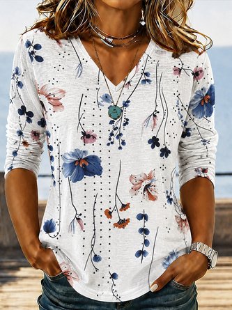 Floral Long Sleeve Tee T shirt V Neck Casual Spring Fall Top