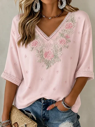 Floral Half Sleeve Tee T shirt V Neck Vintage Summer Top