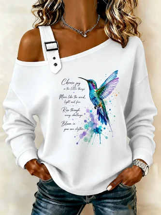 Text Letters Asymmetrical Buckle Casual Spring Fall Long Sleeve Sweatshirt