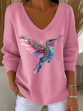 Geometric Casual Long Sleeve V Neck Cotton Spring Fall Sweater