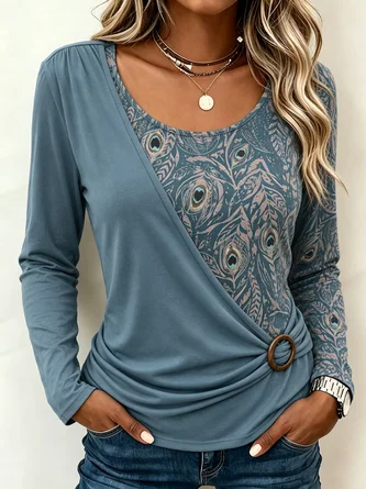 Floral Long Sleeve Tee T shirt Crew Neck Printing Casual Spring Fall Top