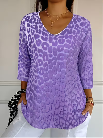 Leopard Three Quarter Sleeve Tee T shirt V Neck Printing Casual Graphic Tee Spring Fall Top