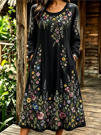 Women Floral Long Sleeve Crew Neck Dress Daily Vintage Maxi Linen H-Line Spring/Fall Dress - Image 5