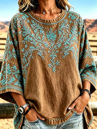 Floral Half Sleeve Tee T shirt Crew Neck Vintage Summer Top