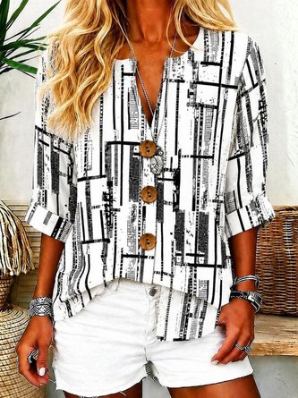 Abstract Graphic Stand Collar Three Quarter Sleeve Shirt Vintage Daily Spring Fall Top
