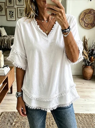 Plain V Neck Half Sleeve Blouse Casual Daily Summer Top