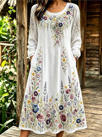 Women Floral Long Sleeve Crew Neck Dress Daily Vintage Maxi Linen H-Line Spring/Fall Dress - Image 3