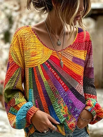 Geometric Crew Neck Long Sleeve Blouse Printing Casual Daily Spring Fall Top