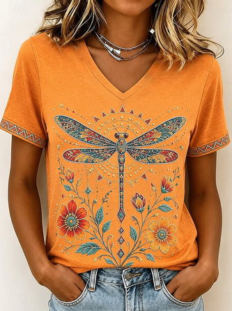 Geometric Short Sleeve Tee T shirt V Neck Vintage Summer Top