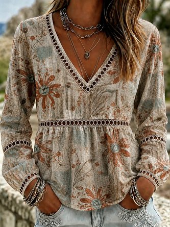 Floral Long Sleeve Tee T shirt V Neck Vintage Spring Fall Top