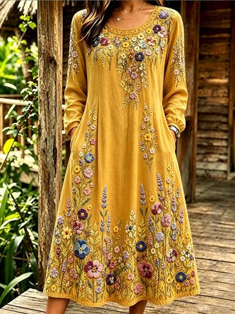 Women Floral Long Sleeve Crew Neck Dress Daily Vintage Maxi Linen H-Line Spring/Fall Dress - Image 2