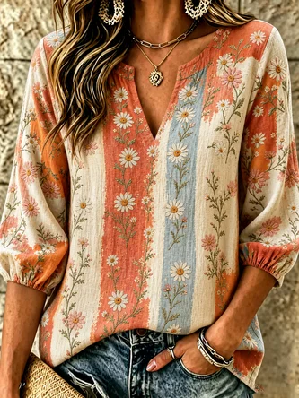 Floral V Neck Three Quarter Sleeve Blouse Printing Casual Daily Spring Fall Top