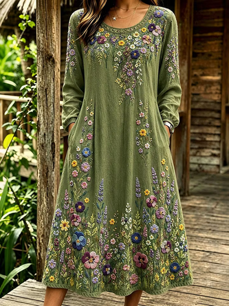 Women Floral Long Sleeve Crew Neck Dress Daily Vintage Maxi Linen H-Line Spring/Fall Dress