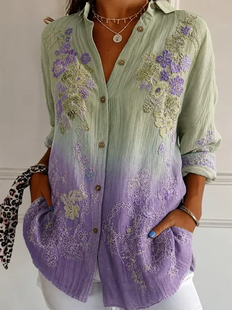 Floral Shirt Collar Long Sleeve Shirt Vintage Daily Spring Fall Top