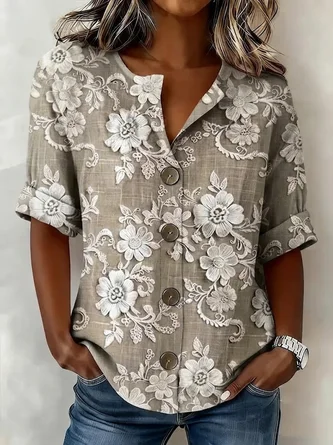 Floral Stand Collar Long Sleeve Shirt Printing Casual Daily Spring Fall Top