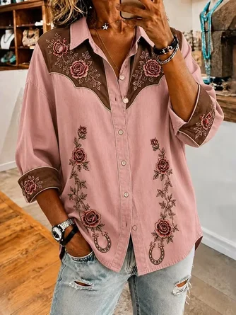 Floral Shawl Collar Long Sleeve Shirt Vintage Holiday Spring Fall Top