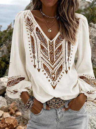 Ethnic Geometry V Neck Long Sleeve Blouse Printing Casual Daily Spring Fall Top
