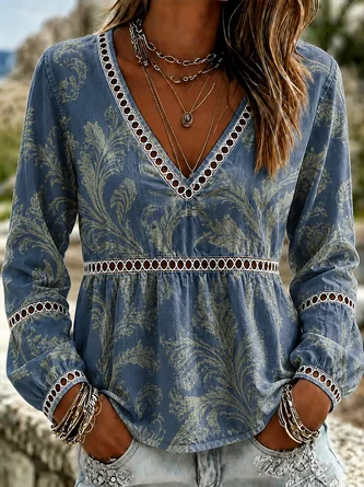 Leaf Long Sleeve Tee T shirt V Neck Vintage Spring Fall Top