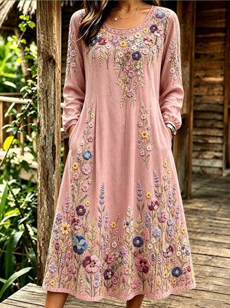 Women Floral Long Sleeve Crew Neck Dress Daily Vintage Maxi Linen H-Line Spring/Fall Dress - Image 6