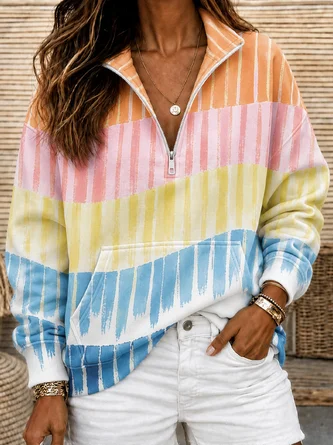 Geometric Half Open Collar Casual Spring Fall Long Sleeve Sweatshirt