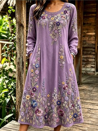 Women Floral Long Sleeve Crew Neck Dress Daily Vintage Maxi Linen H-Line Spring/Fall Dress - Image 4
