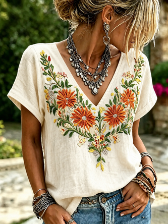 Floral Short Sleeve Tee T shirt V Neck Vintage Summer Top