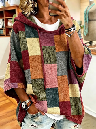 Plaid Printing Half Sleeve Casual Daily Spring Fall Hoodie