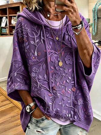 Floral Printing Half Sleeve Casual Daily Spring Fall Hoodie