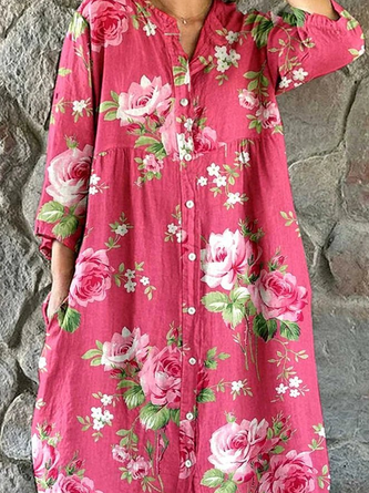 Women Floral Three Quarter Sleeve Henley Collar Dress Daily Casual Maxi Shirt Dress H-Line Spring/Fall Dress - Image 2