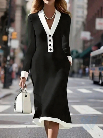 Women Plain Long Sleeve V Neck Dress Party Casual Midi Sweater A-Line Spring/Fall Dress - Image 5