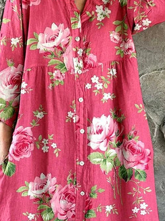 Women Floral Three Quarter Sleeve Henley Collar Dress Daily Casual Maxi Shirt Dress H-Line Spring/Fall Dress - Image 3