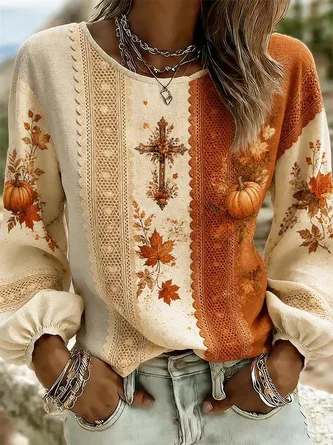 Maple Leaf Crew Neck Long Sleeve Blouse Printing Vintage Daily Spring Fall Top