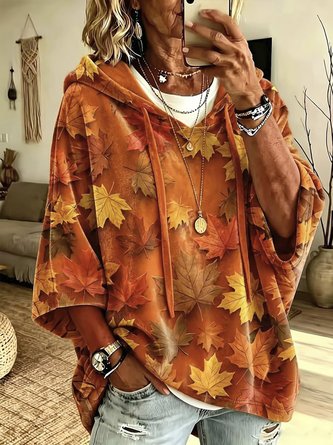 Maple Leaf Half Sleeve Casual Daily Spring Fall Hoodie