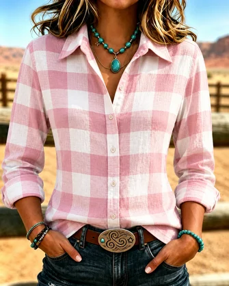 Plaid Shirt Collar Long Sleeve Shirt Printing Vintage Daily Spring Fall Top