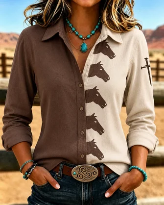 Block Shirt Collar Long Sleeve Shirt Printing Vintage Daily Spring Fall Top