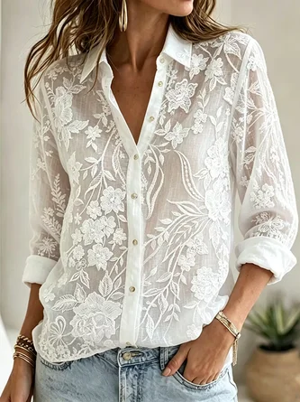 Floral Shirt Collar Long Sleeve Shirt Printing Vintage Daily Spring Fall Top