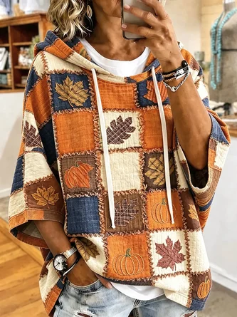 Plaid Half Sleeve Casual Daily Spring Fall Hoodie