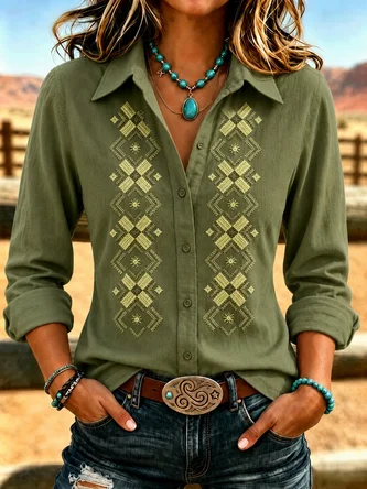 Geometric Shirt Collar Long Sleeve Shirt Printing Vintage Daily Spring Fall Top