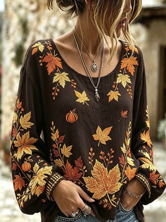 Maple Leaf Crew Neck Long Sleeve Blouse Printing Casual Daily Spring Fall Top