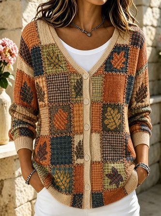 Leaf Long Sleeve V Neck Casual Spring Fall Cardigan Outerwear