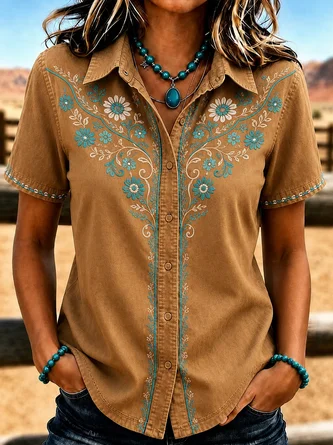 Floral Shawl Collar Short Sleeve Shirt Vintage Daily Summer Top