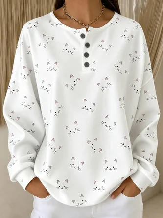 Animal Henley Collar Casual Spring Fall Long Sleeve Sweatshirt