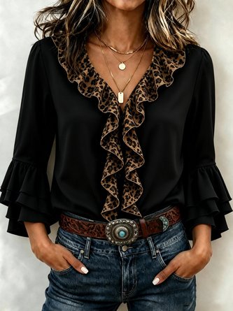 Plain V Neck Three Quarter Sleeve Shirt Vintage Daily Spring Fall Top