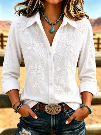Floral Pattern Shirt Collar Long Sleeve Shirt Printing Vintage Daily Spring Fall Top