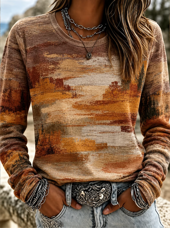 Abstract Long Sleeve Tee T shirt Crew Neck Printing Casual Spring Fall Top