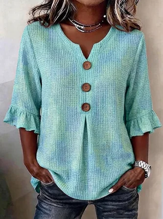 Ombre V Neck Half Sleeve Blouse Casual Daily Summer Top