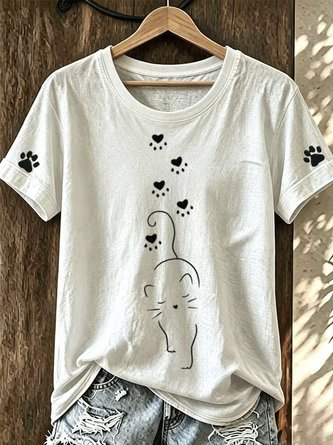 Cat Short Sleeve Tee T shirt Crew Neck Casual Summer Top