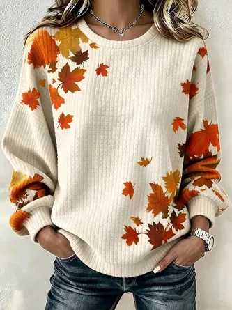 Maple Leaf Crew Neck Printing Casual Spring Fall Long Sleeve Sweatshirt