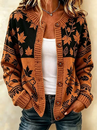 Maple Leaf Printing Long Sleeve Crew Neck Vintage Spring Fall Cardigan Outerwear